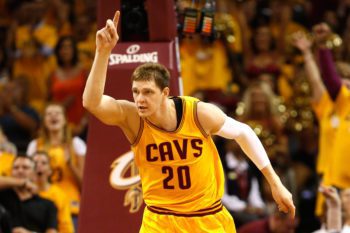 CLEVELAND, OH - MAY 26: Timofey Mozgov #20 of the Cleveland Cavaliers reacts after a play in the first quarter against the Atlanta Hawks during Game Four of the Eastern Conference Finals of the 2015 NBA Playoffs at Quicken Loans Arena on May 26, 2015 in Cleveland, Ohio. NOTE TO USER: User expressly acknowledges and agrees that, by downloading and or using this Photograph, user is consenting to the terms and conditions of the Getty Images License Agreement. (Photo by Gregory Shamus/Getty Images)