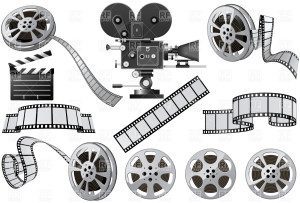 Film Industry attributes - film, movie camera and film slate