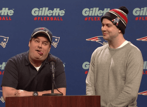 Dougie Spoons, left, and Tom Brady at a press conference leading up to the Super Bowl... On Saturday Night Live.
