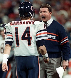 Quarterback Jim Harbaugh gets yelled at by Chicago Bears coach Mike Ditka during a time out against San Francisco Dec. 14, 1987.  Tribune file photo by Ed Wagner.(football pro)
