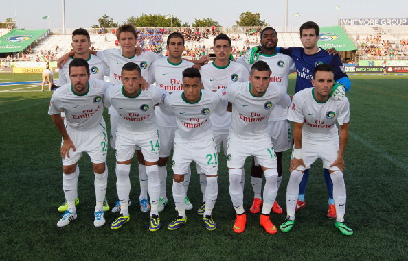 HEMPSTEAD, NY - JULY 12: The New York Cosmos pose for a photo prior to the start of the game against the San Antonio Scorpions at James M. Shuart Stadium on July 12, 2014 in Hempstead, New York. (Photo by Andy Marlin/New York Cosmos/Getty Images)