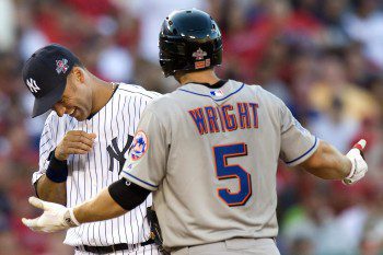 07/13/10 2010 All Star Game: Yankees All Star Derek Jeter and NY Mets All Star David Wright exchange words at second after Davids second hit of the game.