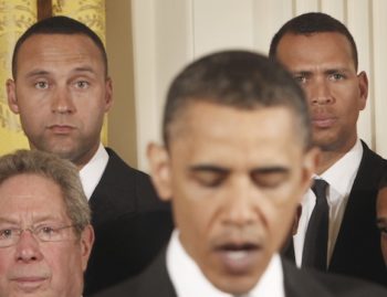 New York Yankees' Derek Jeter, left, and Alex Rodriguez, right, listen to President Barack Obama, center, during a ceremony honoring the 2009 World Series champions New York Yankees baseball team in the East Room of the White House in Washington, Monday, April 26, 2010 (AP Photo/Pablo Martinez Monsivais)