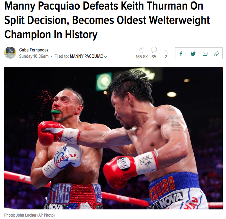 Manny Pacquiao Defeats Keith Thurman On Split Decision, Becomes Oldest Welterweight Champion In History, Buddy_Diaz, Meet_The_Matts, Deadspin